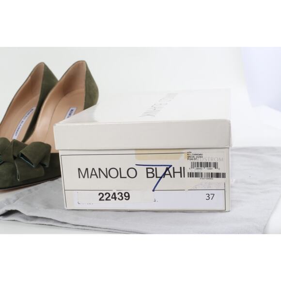 Manolo Blahnik Green Suede Bow Pumps Handmade Italy Designer Heels Size 37 - Picture 12 of 13